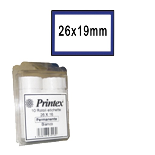 [D74911] PACK 10 ROTOLI 600 ETICH. 26x19mm BIANCO PERM. CORNICE BLU Printex