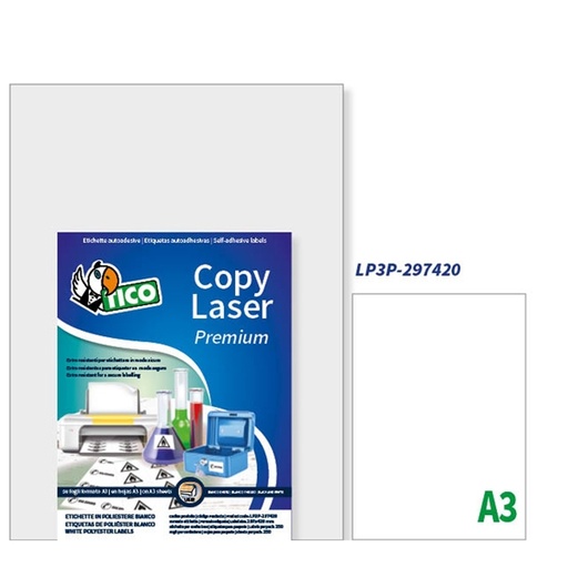 [D76464] Poliestere adesivo LP3P bianco 250fg A3 297x420mm (1et/fg) laser Tico