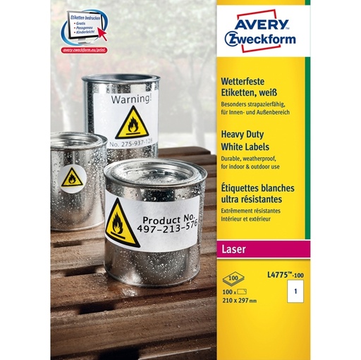 [D76891] Poliestere adesivo L4775 bianco 100fg A4 210x297mm (1et/fg) laser Avery