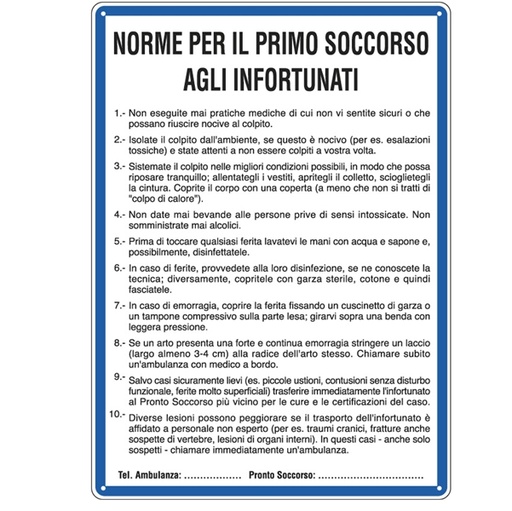 [D76923] CARTELLO ALLUMINIO 33,3x47cm 'NORME DI PRIMO SOCCORSO AGLI INFORTUNATI''