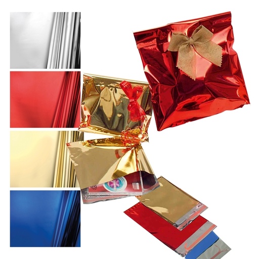 [D76967] 50 BUSTE REGALO IN PPL METAL LUCIDO 20x35+5cm ROSSO con patella adesiva