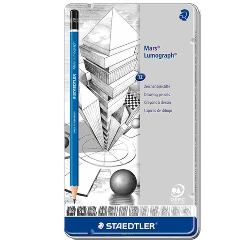 [D77008] Astuccio metallo 12 matita grafite Mars(R) Lumograph(R) 12gradazioni Staedtler