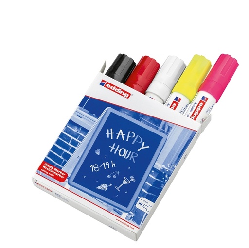 [D77280] Astuccio 5 marcatori EDDING 4090 punta scalpello gesso liquido colori fluo/std