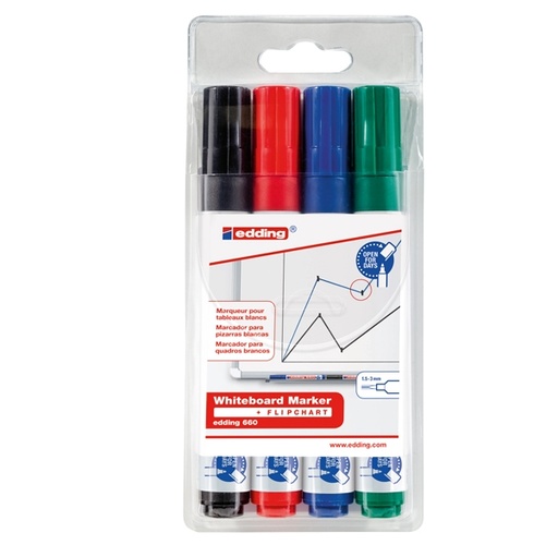[D77295] BUSTA 4 MARCATORI PER LAVAGNE BIANCHE EDDING 660 TRATTO 1,5 - 3,00mm COL ASS.