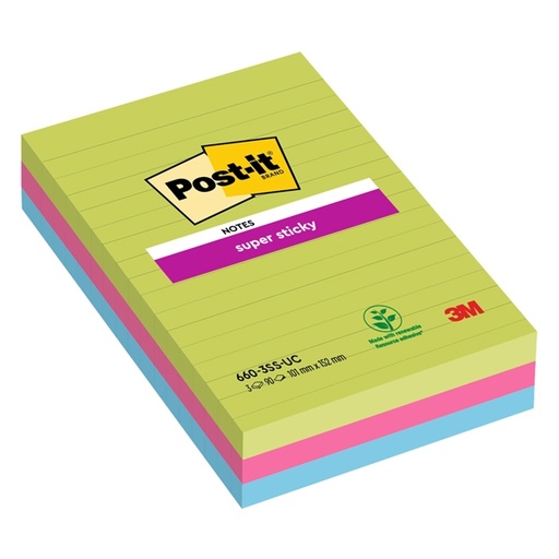 [D77356] BLOCCO 90foglietti Post-it(R) Super Sticky RIGHE 101x152mm 660-3SSUC COLORI ULTRA