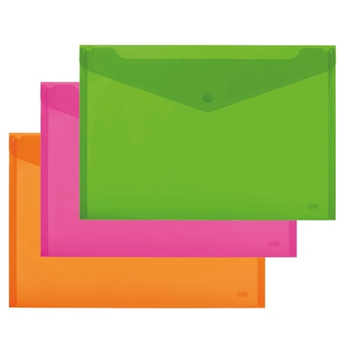 [D77447] SET 3 BUSTE CON BOTTONE A4-33,5x23,5cm COLORI Fluo Ass. LEBEZ ART.80438