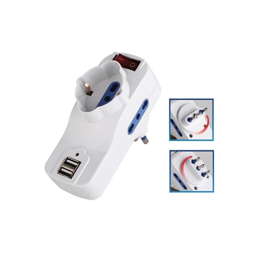 [D77580] ADATTATORE ROTANTE 2 PRESE BIPASSO 2P+T 10/16 A+ 1 Schuko+2 PRESE USB MELCHIONI