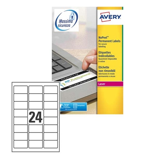 [D78376] Poliestere adesivo L6146 bianco antim. 20fg A4 63,5x33,9mm (24et/fg) laser Avery