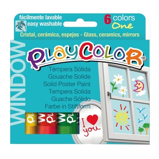 [D79551] TEMPERA SOLIDA PER VETRI PLAYCOLOR 6 COLORI BRILLANTI IN STICK