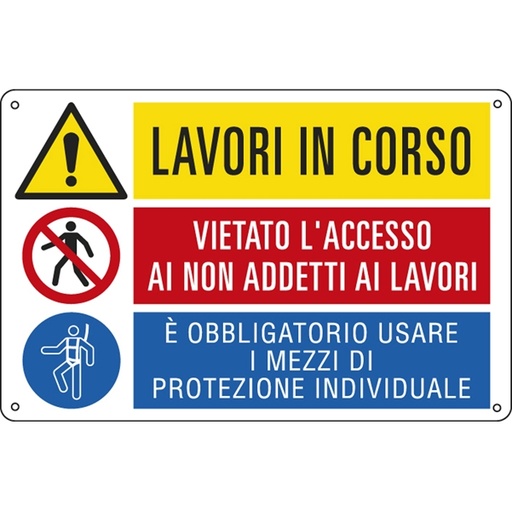 [D79831] CARTELLO ALLUMINIO 50x33,3cm 'Lavori in corso / E' vietato../ E' obbligato'
