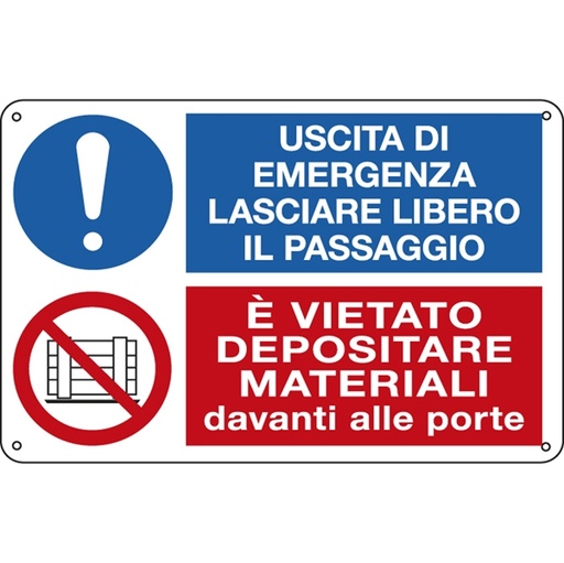 [D79833] CARTELLO ALLUMINIO 30x20cm 'Uscita di emergenza.../Vietato depositare...'