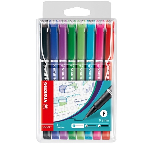 [D80097] ASTUCCIO 8 FINELINER STABILO SENSOR PUNTA 0.3MM COLORI ASSORTITI