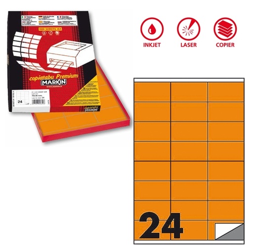 [D80165] Etichetta adesiva C/500 arancio fluo 100fg A4 70x36mm (24et/fg) Markin