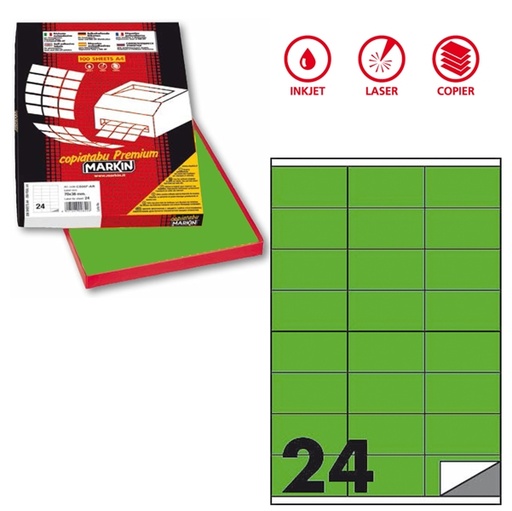 [D80166] Etichetta adesiva C/500 verde fluo 100fg A4 70x36mm (24et/fg) Markin