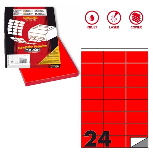 [D80167] Etichetta adesiva C/500 rosso fluo 100fg A4 70x36mm (24et/fg) Markin