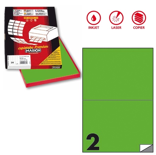 [D80174] Etichetta adesiva C/509 verde fluo 100fg A4 210x148mm (2et/fg) Markin