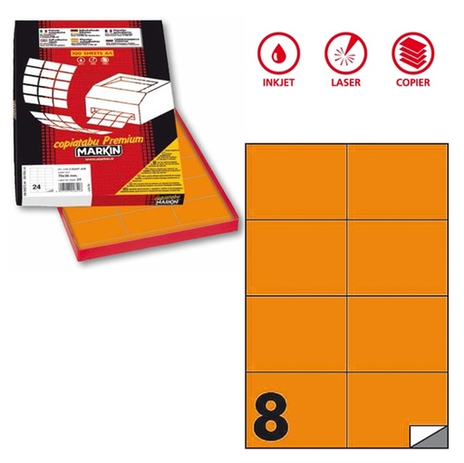[D80177] Etichetta adesiva C/512 arancio fluo 100fg A4 105x74mm (8et/fg) Markin