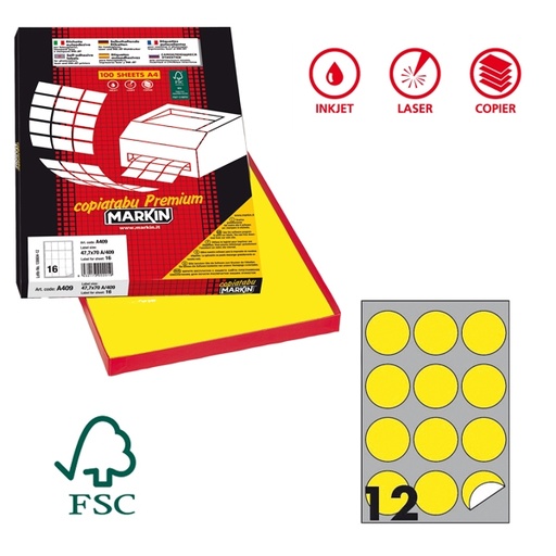 [D80184] Etichetta adesiva R/310 giallo fluo 100fg A4 tonda diam.60mm (12et/fg) Markin