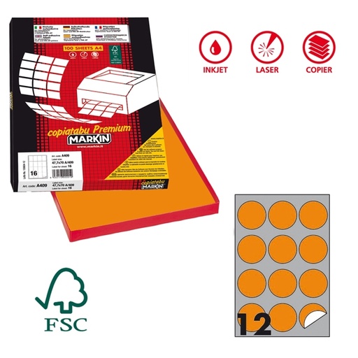 [D80185] Etichetta adesiva R/310 arancio fluo 100fg A4 tonda diam.60mm (12et/fg) Markin