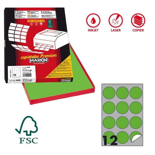 [D80186] Etichetta adesiva R/310 verde fluo 100fg A4 tonda diam.60mm (12et/fg) Markin