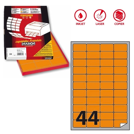 [D80189] Etichetta adesiva A/406 arancio fluo 100fg A4 47,5x25,5mm (44et/fg) Markin