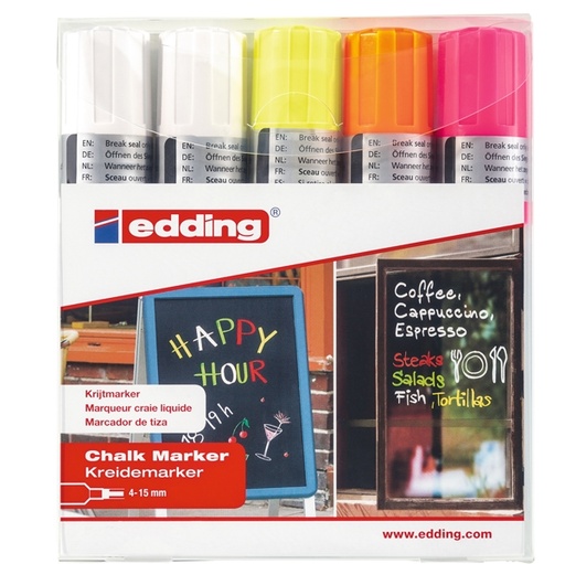 [D80197] Astuccio 5 marcatore EDDING 4090 punta scalpello gesso liquido assortiti fluo