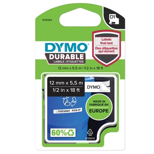[D80347] NASTRO DYMO TIPO D1 DURABLE (12MMX5.5MT) NERO/BIANCO 1978364