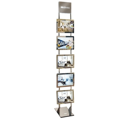 [D80425] ESPOSITORE LED da TERRA H200cm con 5 CORNICI A4 Freestanding LEDMAG