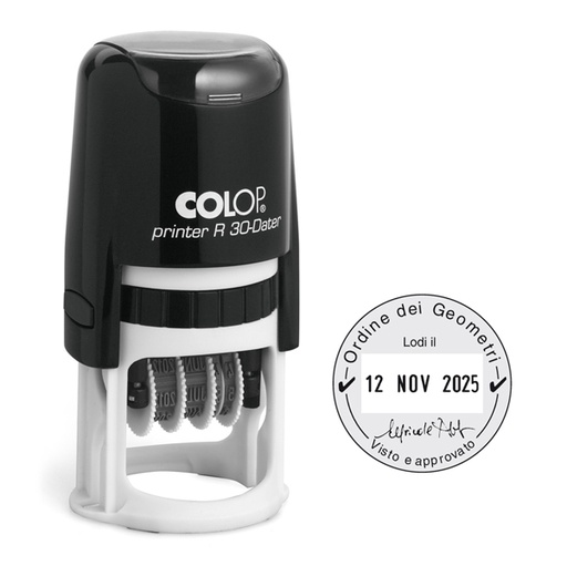 [D80447] Timbro DATARIO R30 diametro 30mm 4righe autoinchiostrante personalizzabile COLOP