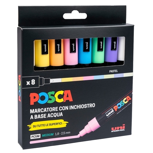 [D94337] Astuccio 8 marcatore Uni Posca PC5M p.media 1,8-2,5mm col.ass. pastel UNI