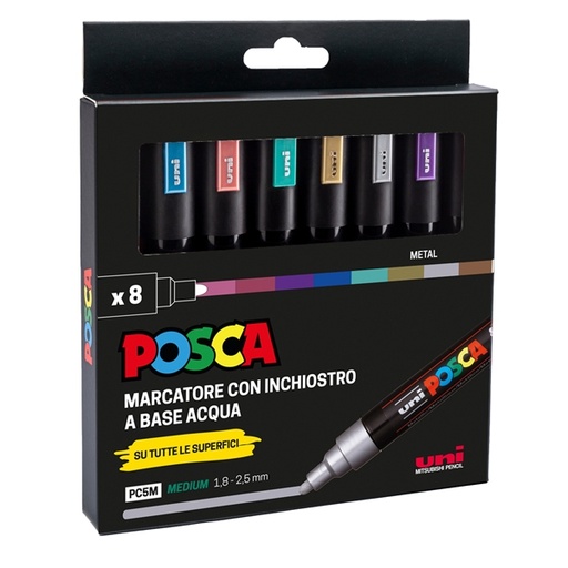 [D94338] Astuccio 8 marcatore Uni Posca PC5M p.media 1,8-2,5mm col.ass. metal UNI