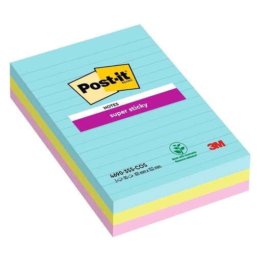 [D94360] Cf. 3pz blocco 90fg. Post-it(R) Super Sticky RIGHE 101x152mm 4690-SS3COS Cosmic