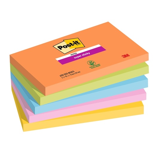 [D94364] Cf. 5pz blocco 90fg. Post-it(R) Super Sticky 76x127mm 655-5SS- BOOS Boost