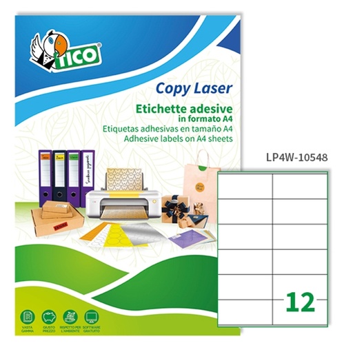 [D81696] Etichetta adesiva LP4W bianca 100fg A4 105x48mm (12et/fg) Laser Tico