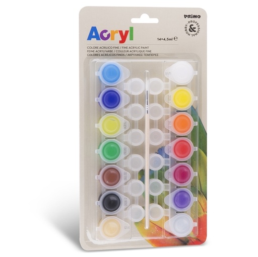 [D82100] Colore acrilico fine 14 vasetti da 4,5ml colori assortiti Primo
