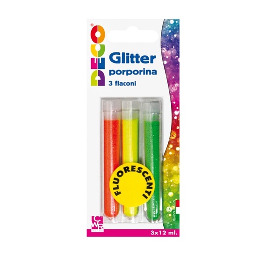 [D82413] BLISTER GLITTER 3 FLACONI GRANA FINE 12ML COLORI ASSORTITI FLUO DECO