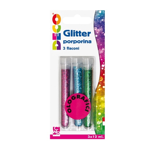[D82414] BLISTER GLITTER 3 FLACONI GRANA FINE 12ML COLORI ASSORTITI OLOGRAFICI DECO