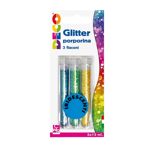 [D82415] BLISTER GLITTER 3 FLACONI GRANA FINE 12ML COLORI ASSORTITI IRIDESCENTI DECO