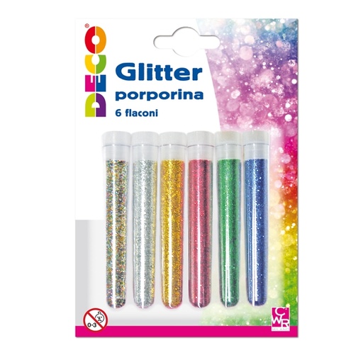 [D82416] BLISTER GLITTER 6 FLACONI GRANA FINE 12ML COLORI ASSORTITI DECO