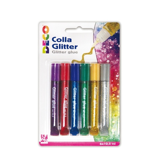 [D82424] BLISTER COLLA GLITTER 6 PENNE 10,5ML COLORI ASSORTITI METAL DECO