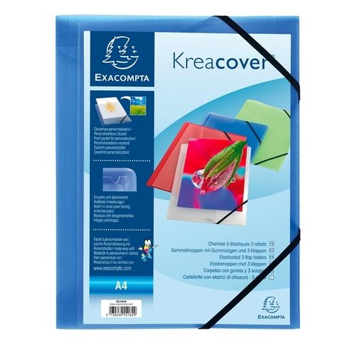 [D82463] CARTELLINA PERSONALIZ. IN PP C/ELASTICO BLU TRASPARENTE 24x32CM KREACOVER