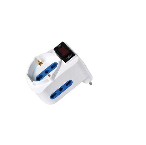 [D82637] Adattatore con spina 10A orizzontale - 2 Prese bipasso 10/16A + 1 Presa Schuko