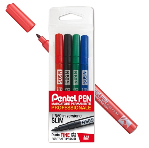 [D83085] Astuccio 4 marcatori N50 slim colori assortiti punta tonda 3,18mm Pentel