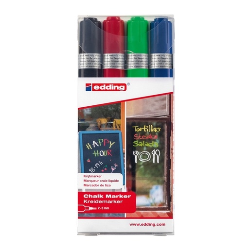 [D83101] Astuccio 4 marcatore EDDING 4095 punta conica gesso liquido col.assortiti