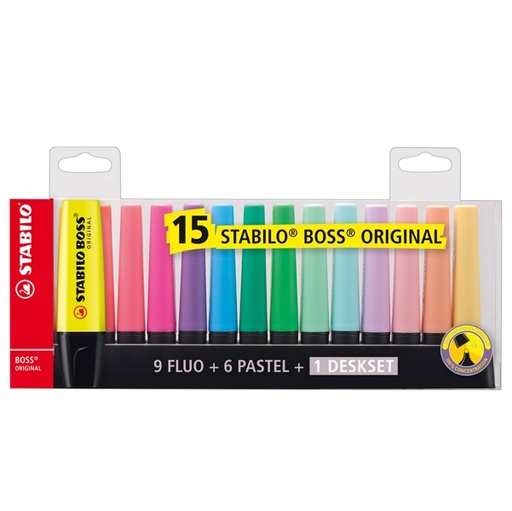 [D83119] Deskset 15 evidenziatori Boss 70 colori fluo+pastel Stabilo