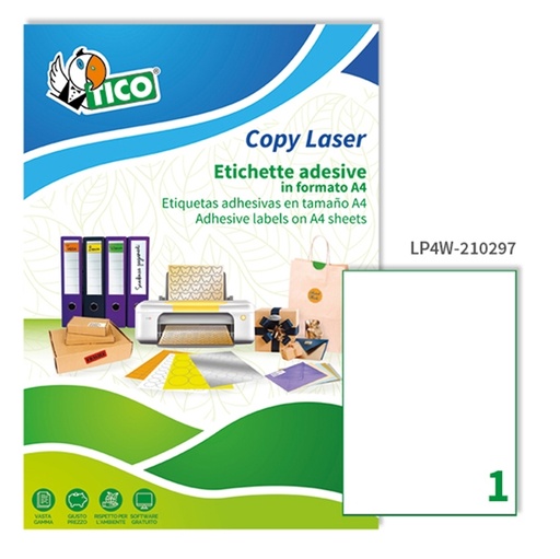 [D83224] Etichetta adesiva LP4W bianca 100fg A4 210x297mm (1et/fg) Laser Tico