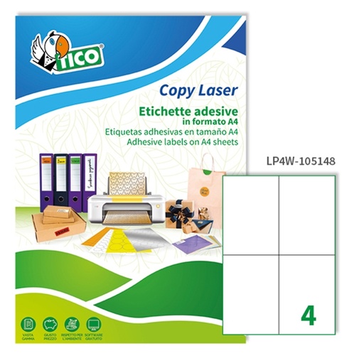 [D83225] Etichetta adesiva LP4W bianca 100fg A4 105x148mm (4et/fg) Laser Tico