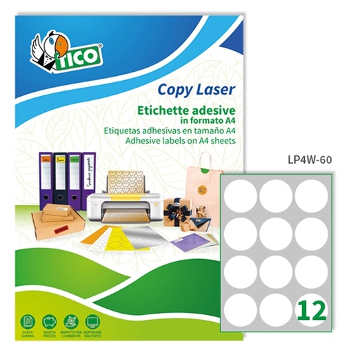 [D83245] Etichetta adesiva LP4W bianca 100fg A4 tonda diam.60mm (12et/fg) Laser Tico