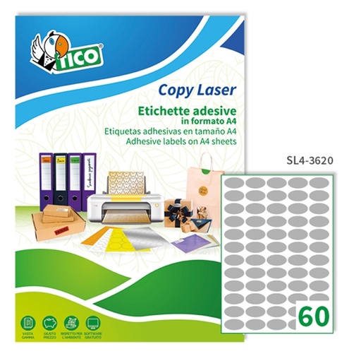 [D83252] Etichetta adesiva SL4 ovale argento satinata 100fg A4 36x20mm (60et/fg) Tico
