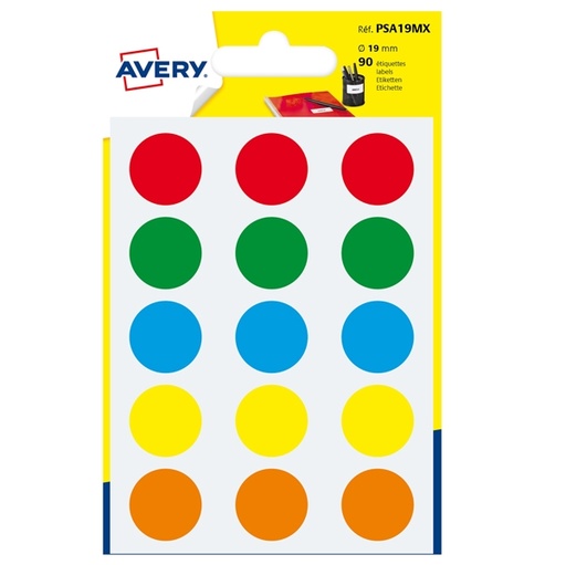[D83398] Blister 90 etichetta adesiva tonda PSA col.ass. diam.19mm Avery
